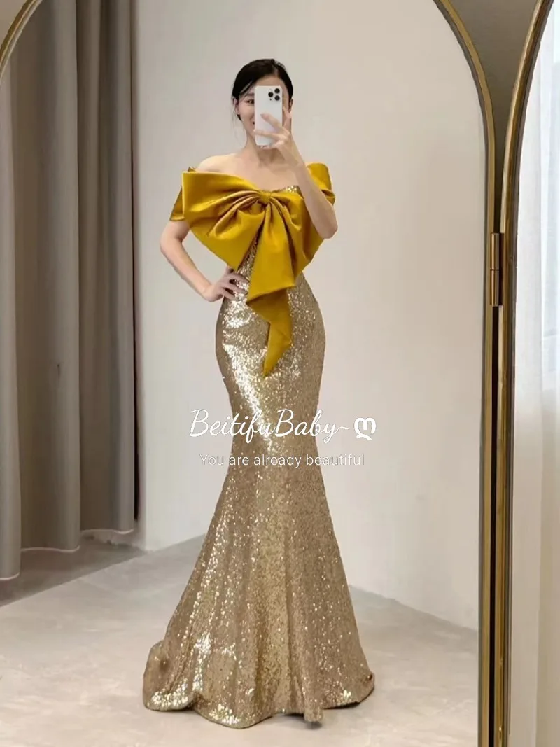 BeitifuBaby Palace Style Golden Evening Dress for Women Strapless Bow Neck Off The Shoulder Mermaid Gown Banquet Formal Dresses