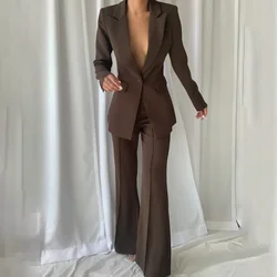 Women Suits Dark Brown Elegant Peak Lapel One Button Solid Party Prom Tuxedo Slim Daily Smart Casual Pants Sets (Jacket+Pants)