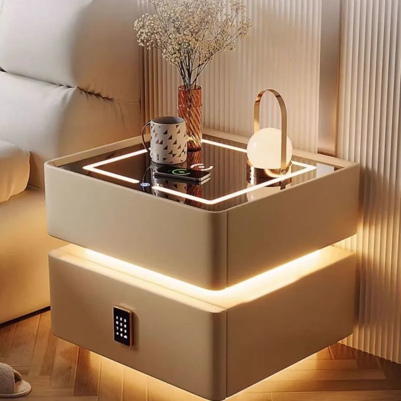 طاولة سرير ذكية حديثة وبسيطة من الخشب الصلب مع بلوتوث شحن لاسلكي فاخر متعدد الوظائف لغرفة النوم أو غرفة المعيشة