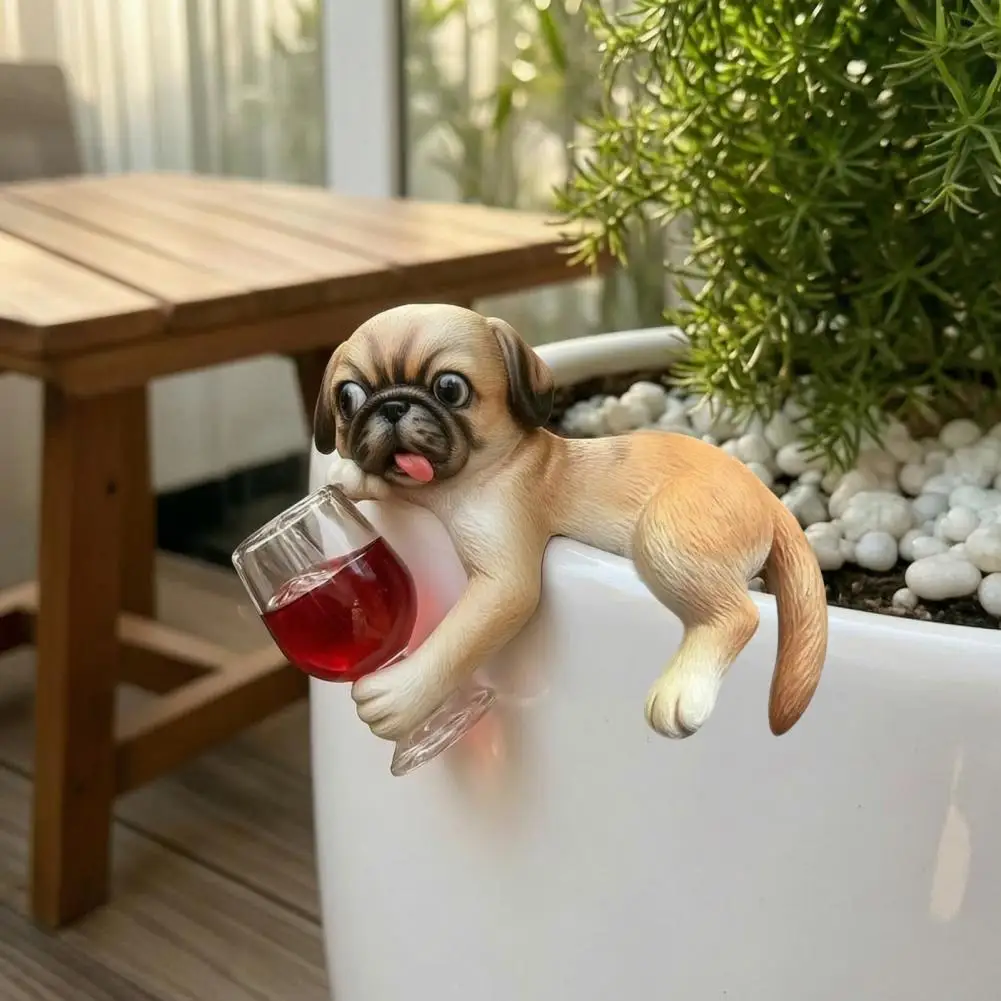 Wine Lover Gift Lying Pug Statue Planter Decor Dog Figurine with Wine Glass Cute Resin Ornament for Flower Pot Edge for Garden