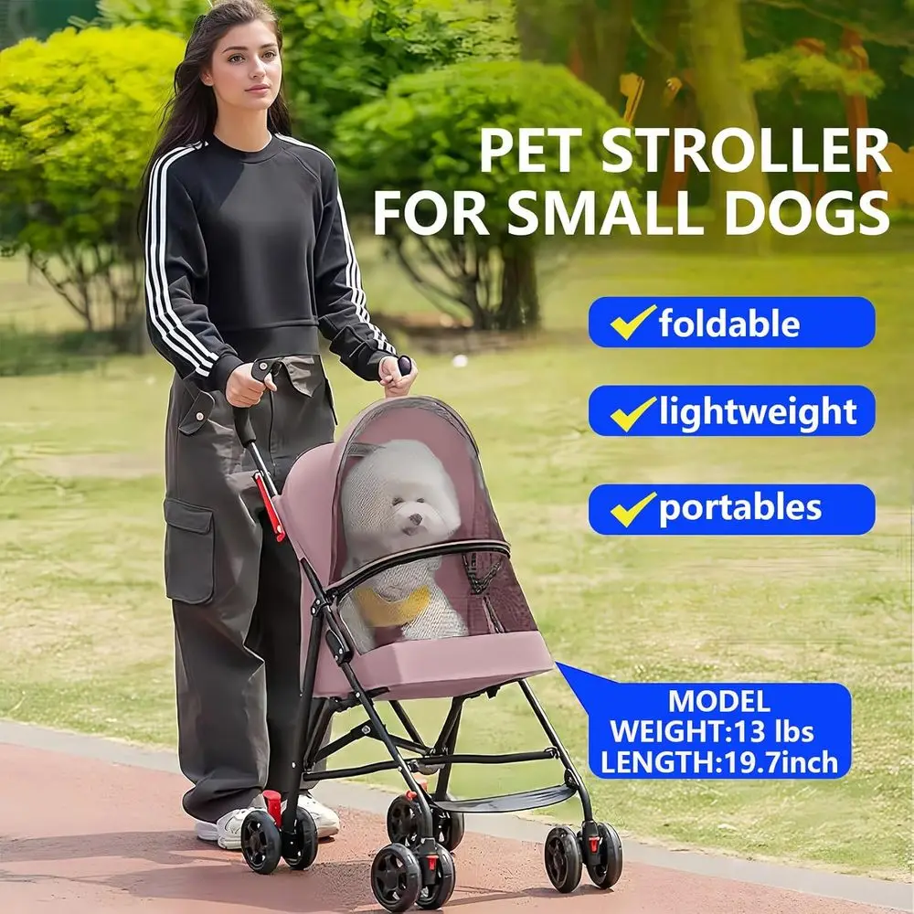 عربة أطفال قابلة للطي بأربعة عجلات للكلاب والقطط الصغيرة، 0-15 رطل، حامل أكواب، شبكة مسامية، وردي