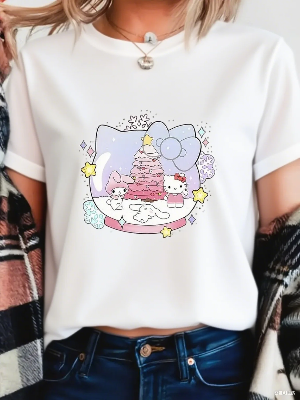

Милая хлопковая футболка Sanrio Holiday Snow Globe Очаровательные персонажи Sanrio в праздничном дизайне Snow Globe Cotton Принесы Рождество