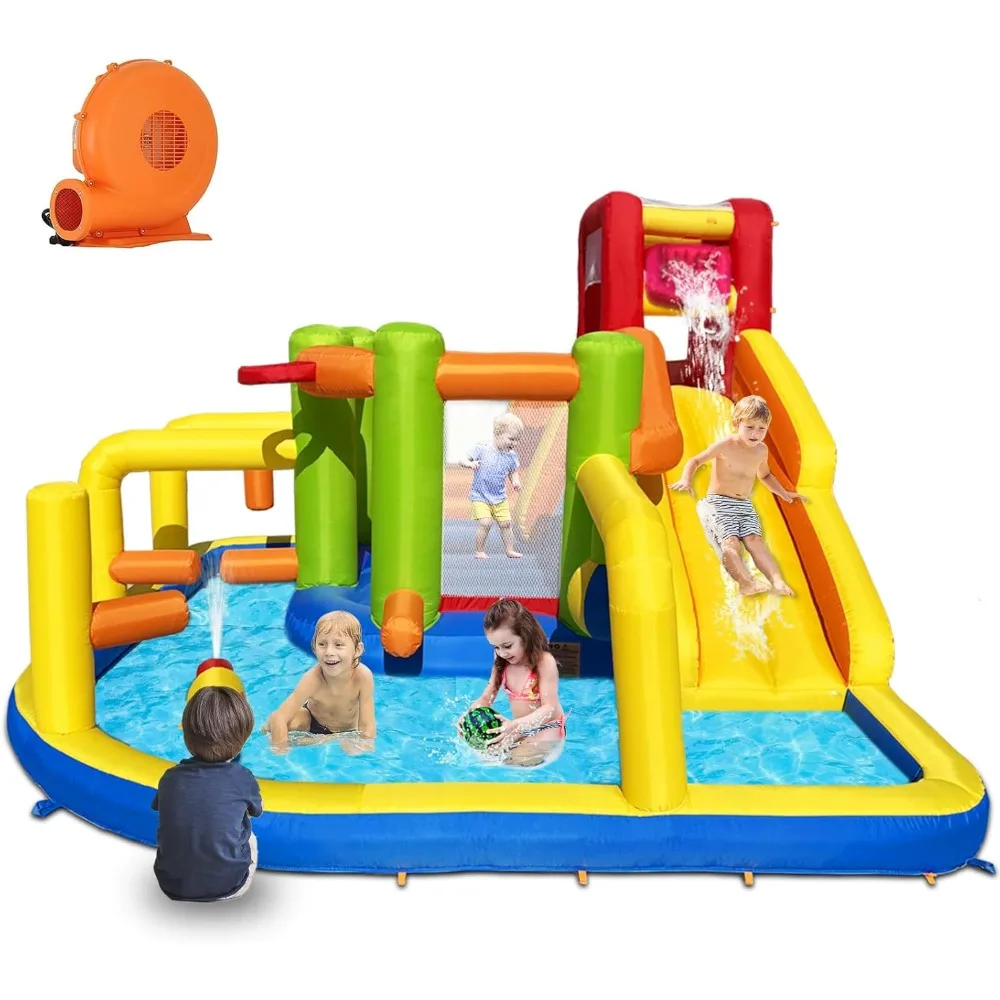 

Inflatable Obstacle Bounce House, Kids Bounce House Water Park with Water Slides, Surprise Dump Bucket, Jumping, Tunnels