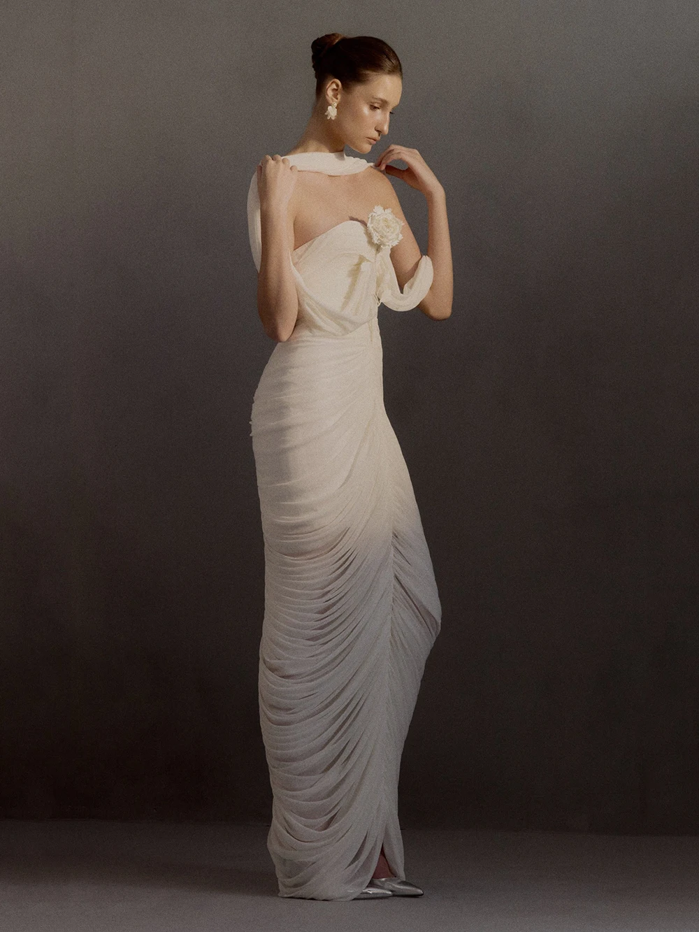 Modphy White Flower Elastic Ribbon Dress Sexy Fold Mesh Maxi Dress Strapless Cocktail Party Evening Gowns For Night Out