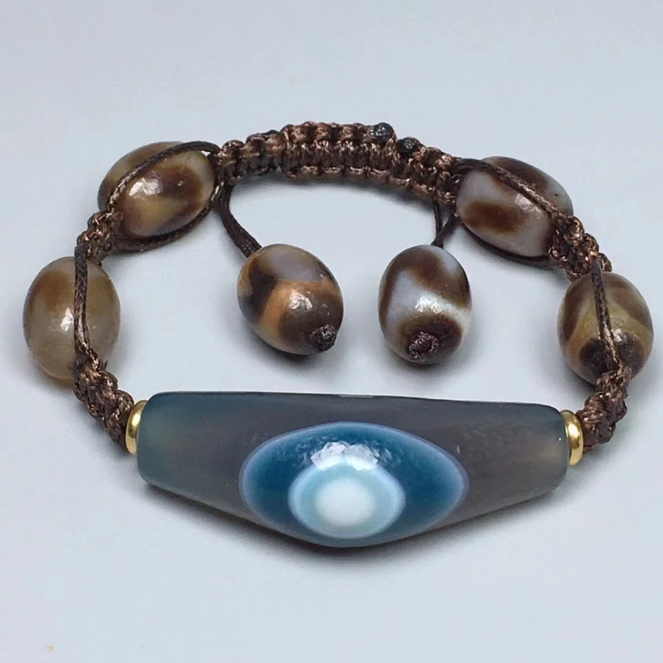 Admirable Tibetan Dzi Bead Bangle Amulet Bracelets Agate Gem Blue Eye Chalcedony Very Rare