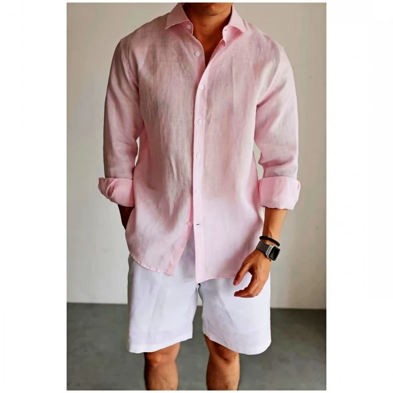 Italian High-End 100% Linen Long Sleeve Men's Shirt Lightweight Breathable Skin-friendly Fashionable Casual Style Pure Color