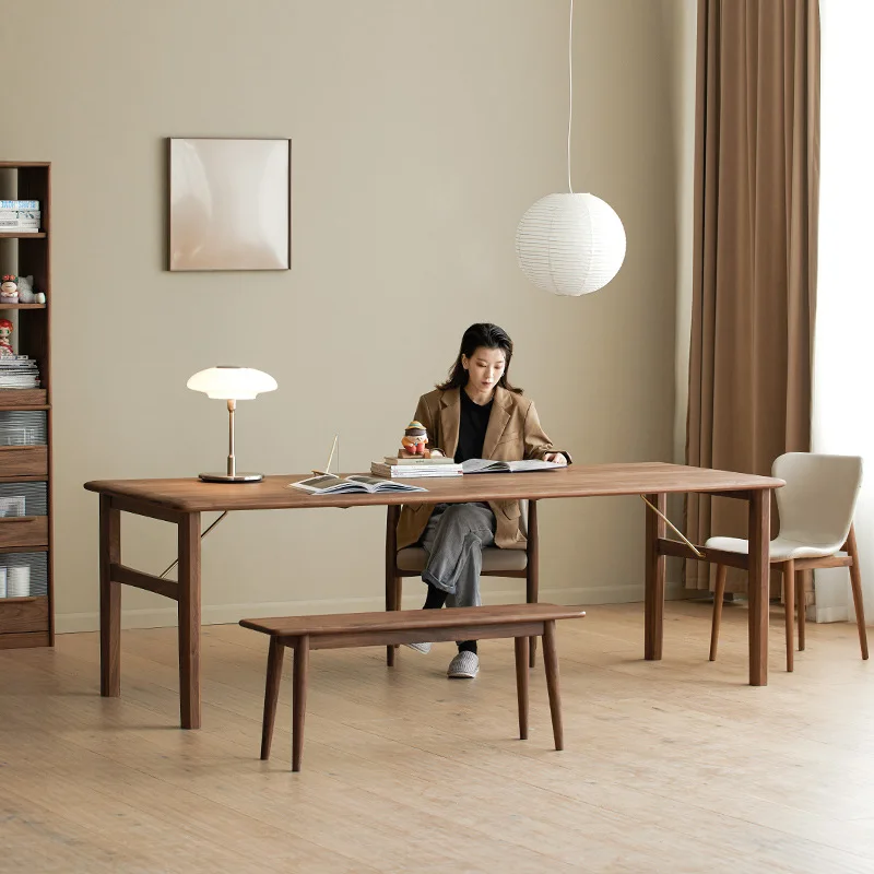 HYS Nordic simple living room large long desk workbench solid wood desk board household black walnut dining table furniture
