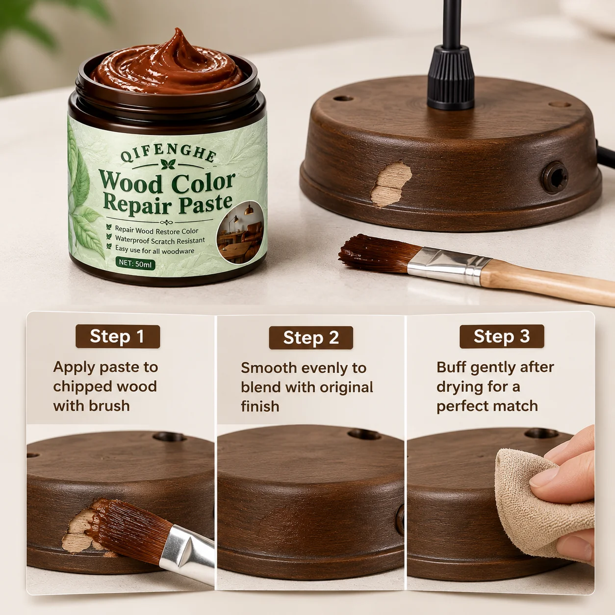 Wood Repair Paste 50ml, Furniture Scratch & Color Restorer, Waterproof, Easy to Use for All Wood Surfaces