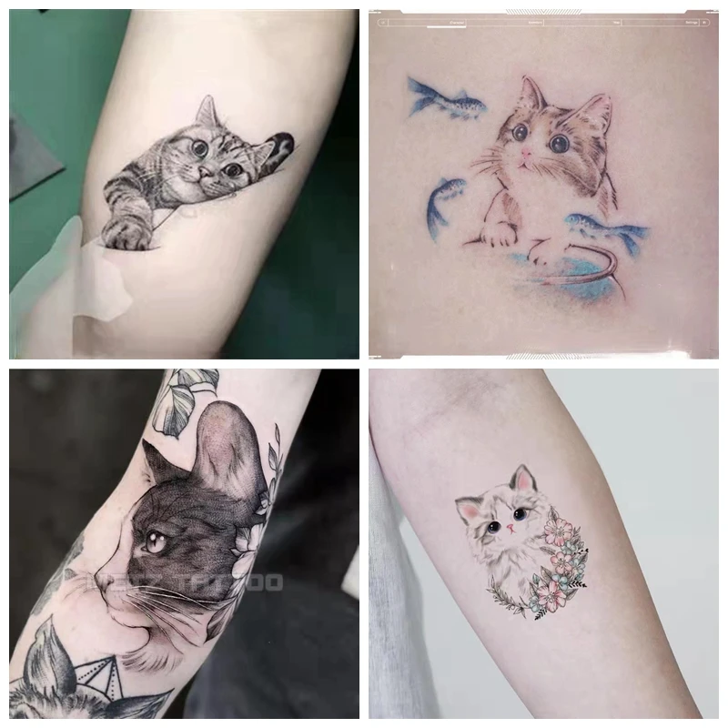 Tato Tahan Air Kucing Jepang Lucu Hewan Peliharaan Lengan Semi Permanen Tato Kucing Hewan Stiker Tato Lucu Tato Sementara untuk Pria Wanita