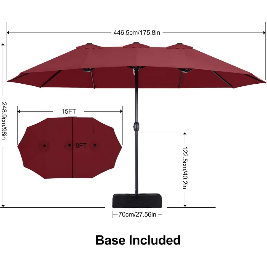 Sombrilla exterior grande de doble cara de 15 pies con base resistente para protección solar y sombra en jardines, patios traseros y piscinas