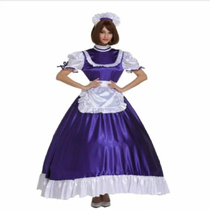 

French Girls' Ruffled Purple Lockable Long Bubble Sleeve Apron Sissy Cosplay Dresser Party Daily Unisex Dress Customization