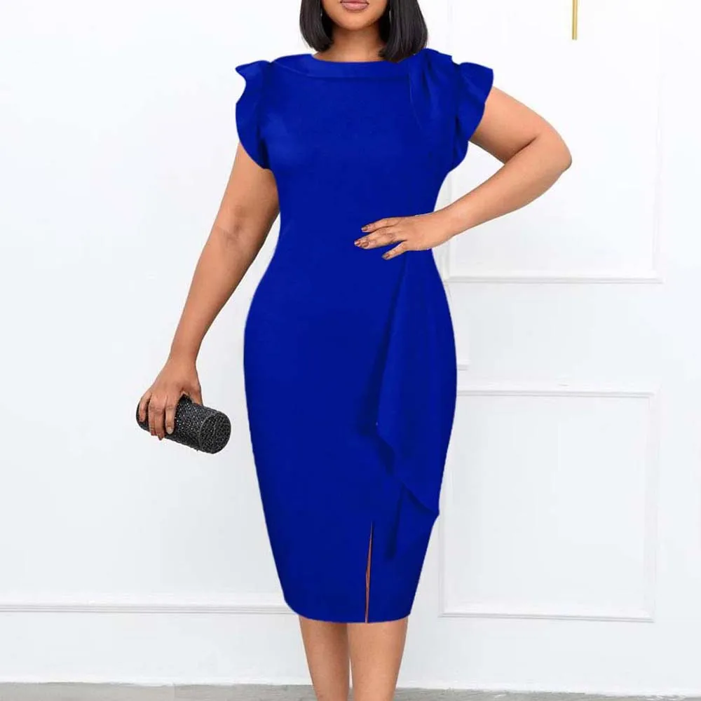 

Elegant Bodycon Dresses for Women Round Neck Short Sleeve Solid Sheath Mid Calf Formal Business Work Wear Vestidos Mujer Dress