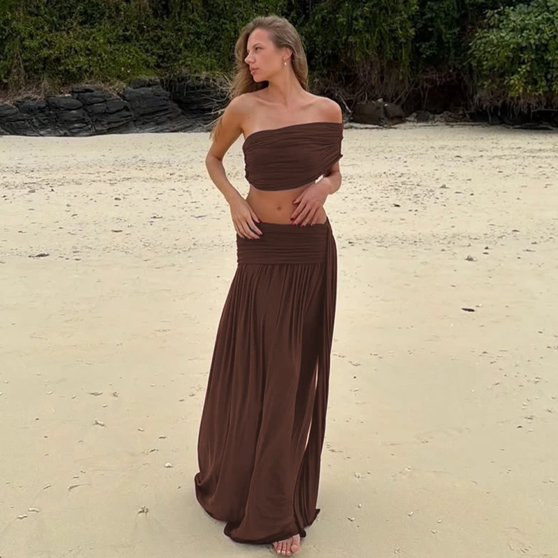 Hugcitar Modische geraffte 2-teilige Sets mit schrägem Kragen, sexy Crop-Tank-Top, Patchwork, plissierter Maxirock, weibliche Strand- und Urlaubsoutfits – Detail 21