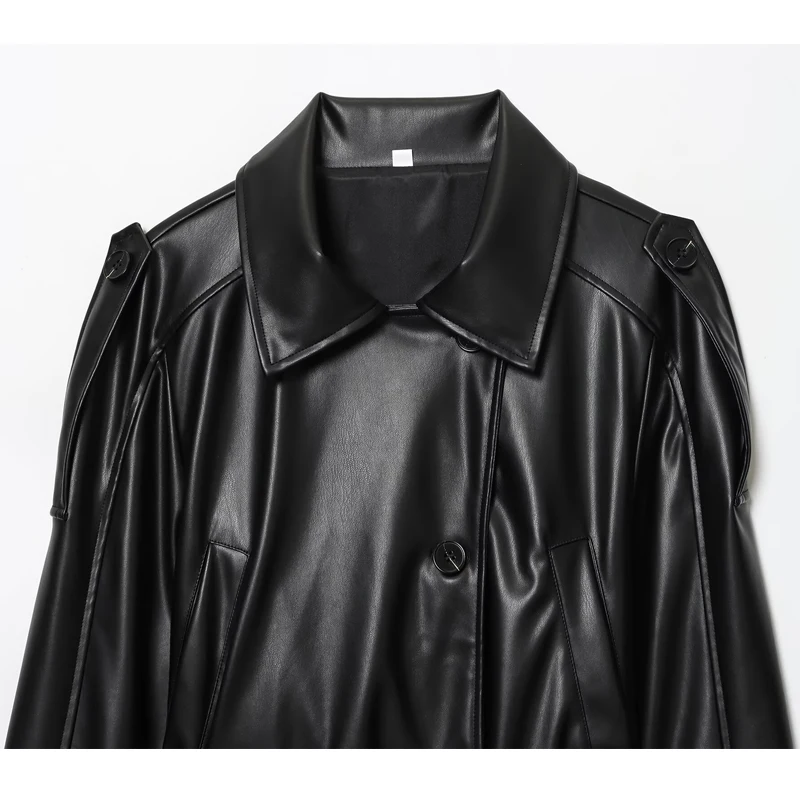 MUJER Black Women's Trench Coat Faux Leather Cropped Jacket Woman New in Outdoor Coats Women's Windbreaker Fashion Outerwears