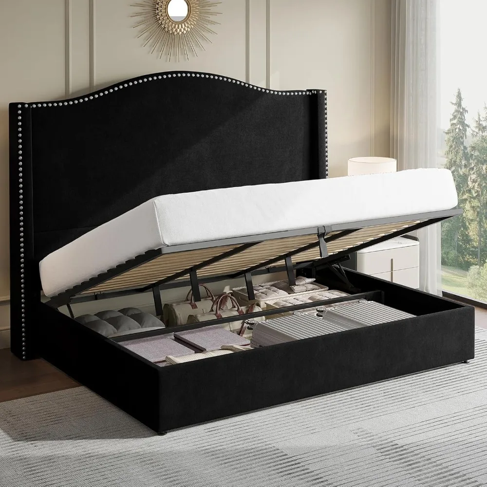 Lift Up Storage Bed King Size, Upholstered Platform Bed Frame Tall Headboard with Wingback, Hydraulic Lifting Underneath/Wooden