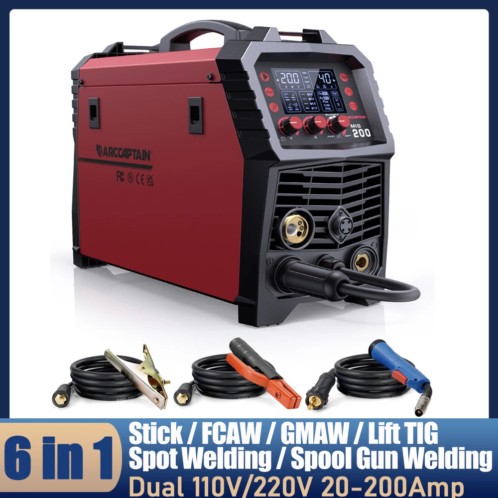 ARCCAPTAIN MIG Welder 6 in 1 200Amp Gas Gasless Flux Core MIG Stick Lift TIG Spot Welding Spool Gun 110V/220V Welding Machine