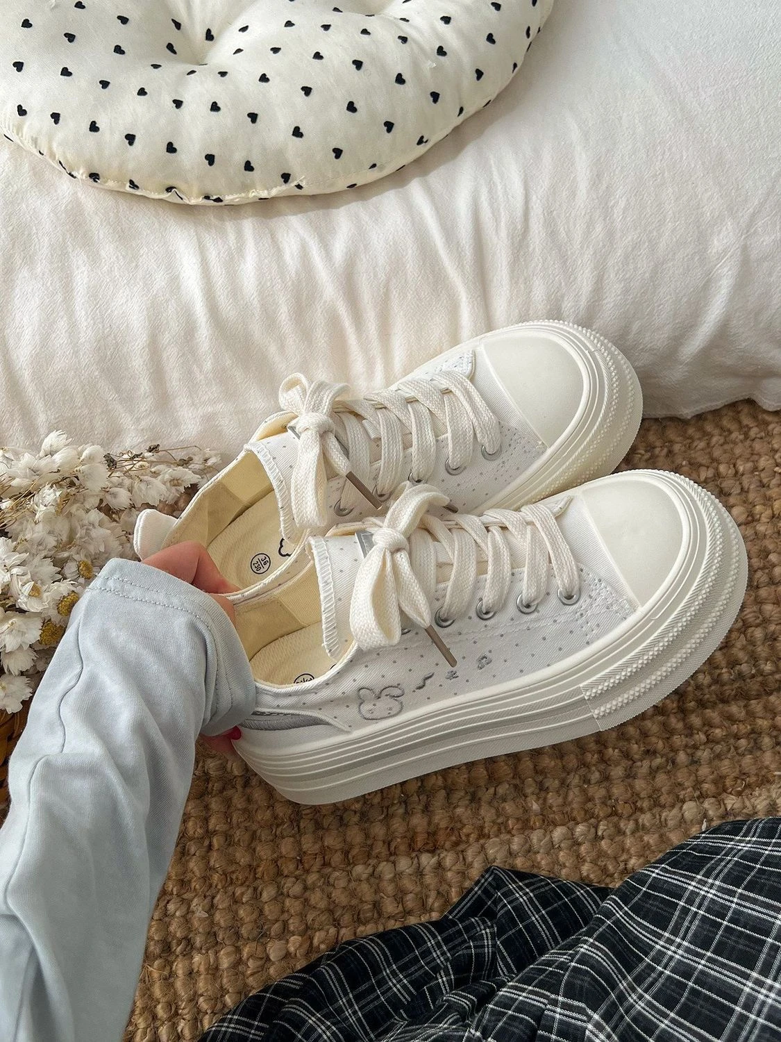 Teen Campus Milky White Canvas Sneakers Damen Chunky Plimsolls Lovely Rabbit Elevated Shoes Woman Atmungsaktive Schnür-Sneaker – Detail 14