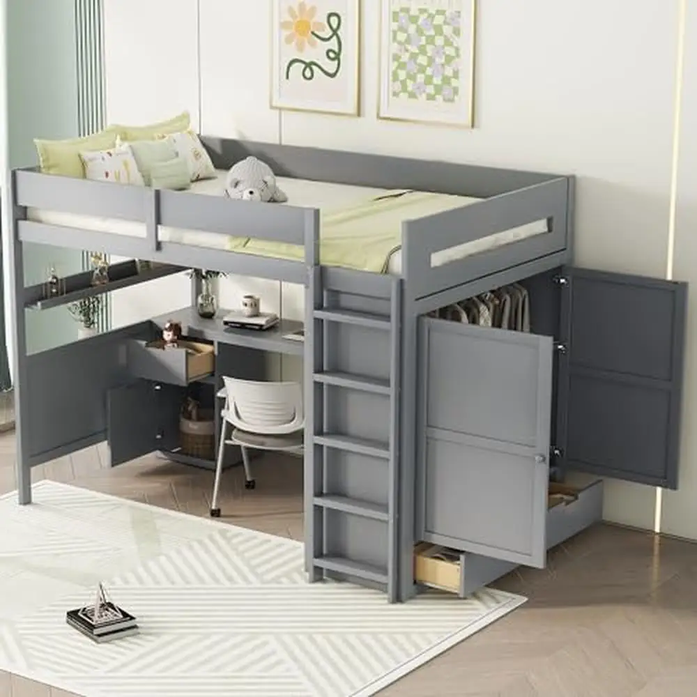 Full Size Loft Bed with Built-in Desk Wardrobe Storage Drawers Shelves Modern Wood Frame Kids Bed Space-Saving Design Grey Wood