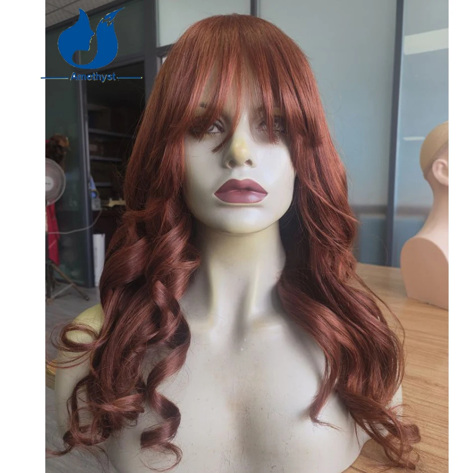 Amethyst Long Body Wave Wig Orange Brown with Bangs Full Scalp Top 100% Human Hair for Women Machine Made Wig Ginger Colored