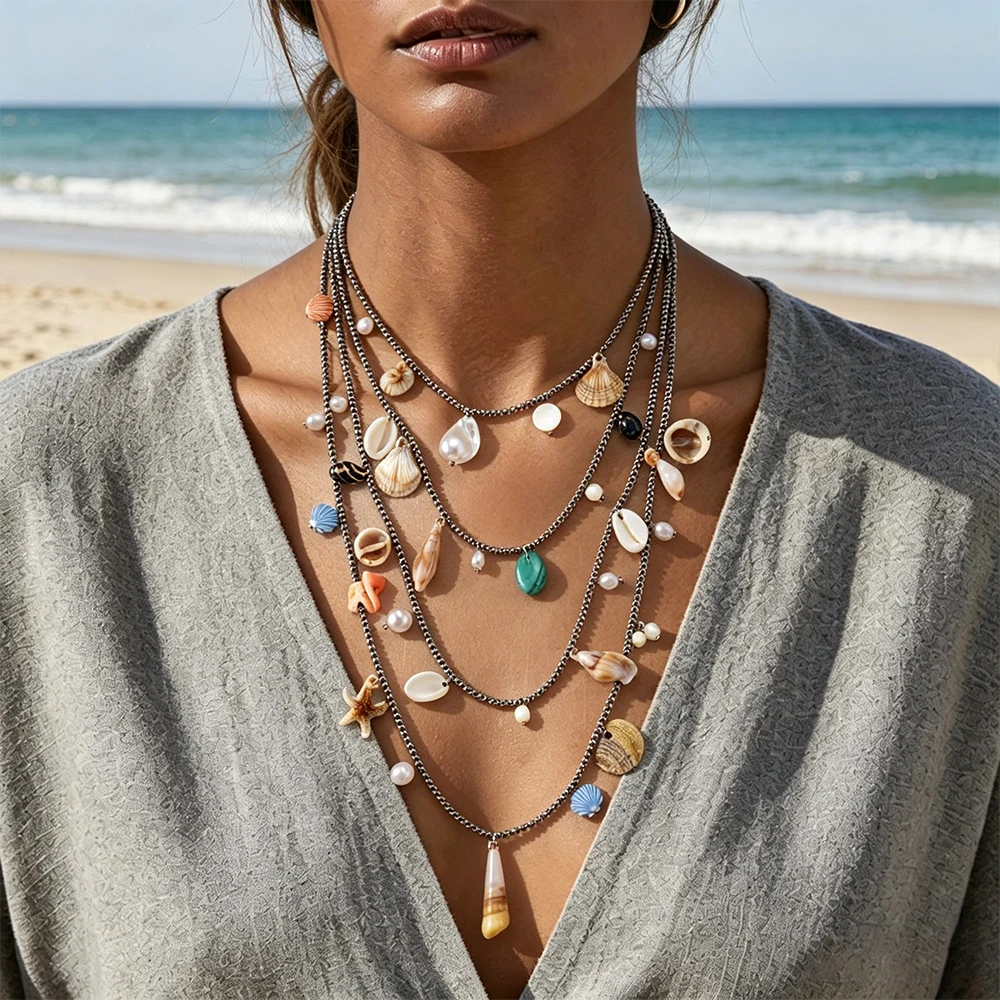 

2026 New ZAAA Multi-layer Design Beaded Shell Conch Waterfall Necklace for Women Fashion Holiday Party Gifts
