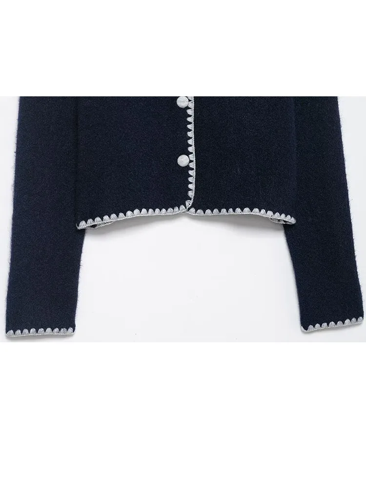 

HH Woman Fashion Autumn Lace Embroidery Decoration Round Neck Single Breasted Long Sleeves Knitted Jacket Female Slim Fit Coat