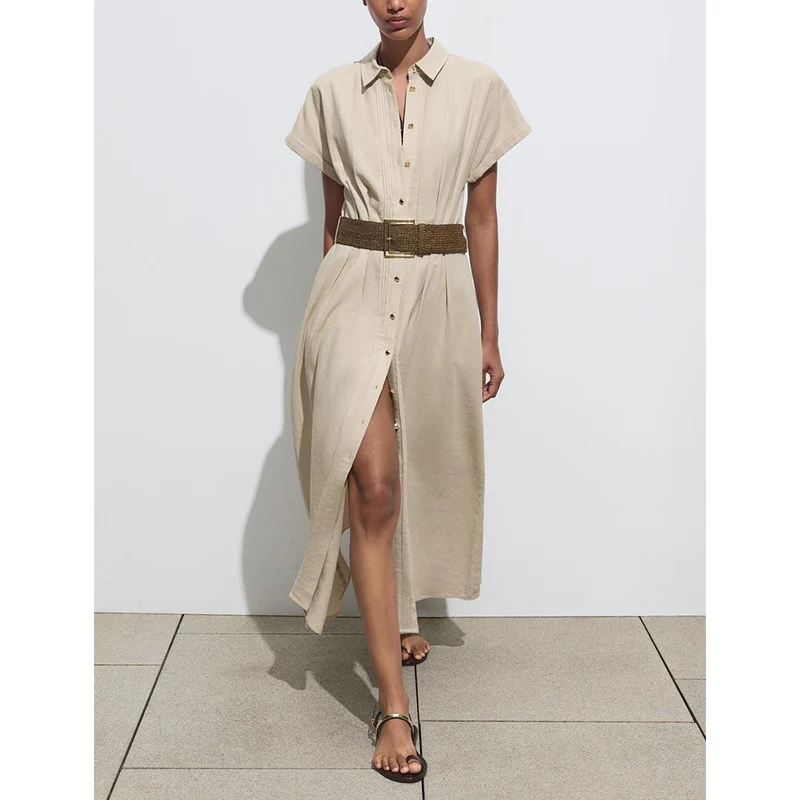 Letnia Nowa Damska Spódnica Midi z Kołnierzykiem, Mankietami, Paskiem, z Mieszanki Lnu, z Wysokim Stanem, w Kształcie Litery A, z Włókna Poliestrowego