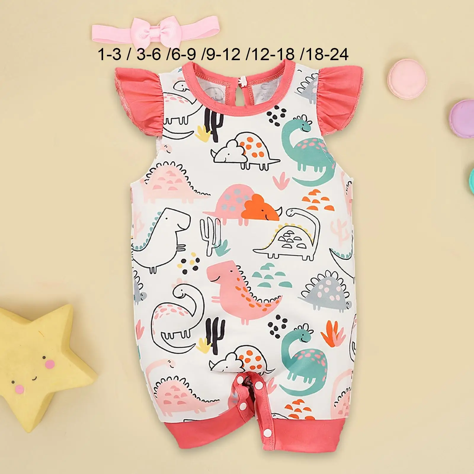 

Baby Summer Romper with Dinosaur Print Infants Summer Button Jumpsuit for Birthday Party Baptism Daily Wear Photo Halloween