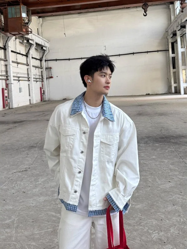 

Мужская джинсовая куртка в американском ретро-стиле с клетчатыми вставками, свободного кроя, повседневная, молодежная, из переработанного полиэстера и хлопка