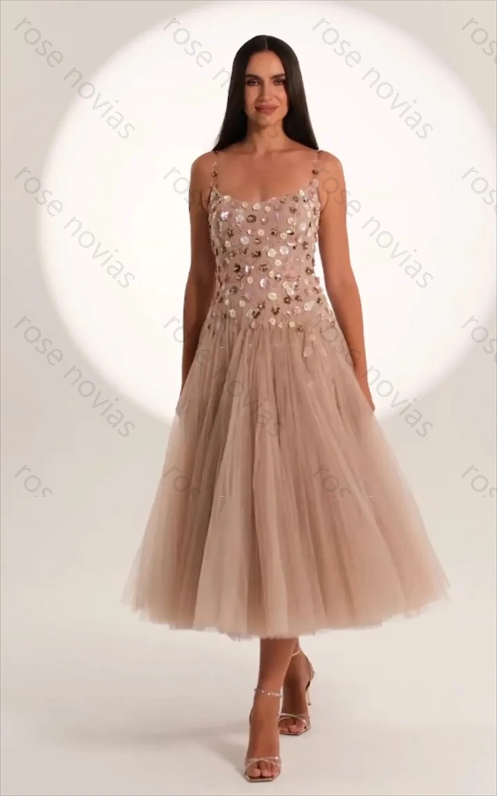 

High Quality Customized Pleat Sequined Spaghetti Strap A-line Midi Dresses Bespoke Occasion Evening Gown Elegant Party Prom