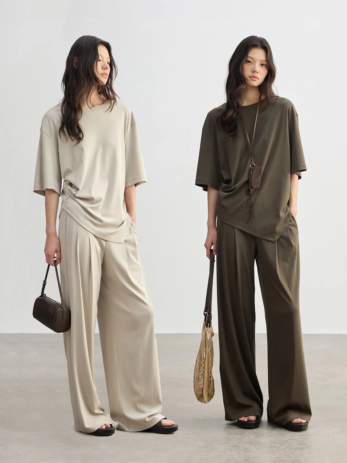 

JUSLIN Skin-Like Lyocell Cotton Dstring Pleated ort Sve T Elastic Waist Double Pleat Floor-Length Pants M032