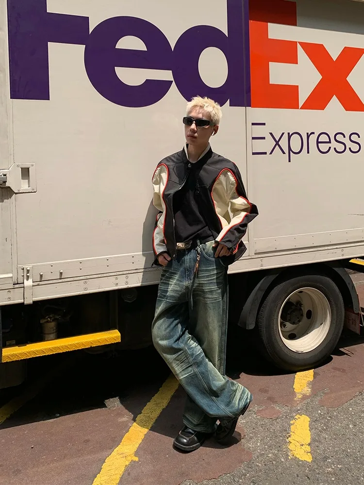 

American Street Sle Vintage Waed Folded Design Men's Jeans High Street Loose Casual Straight Leg Long Pants