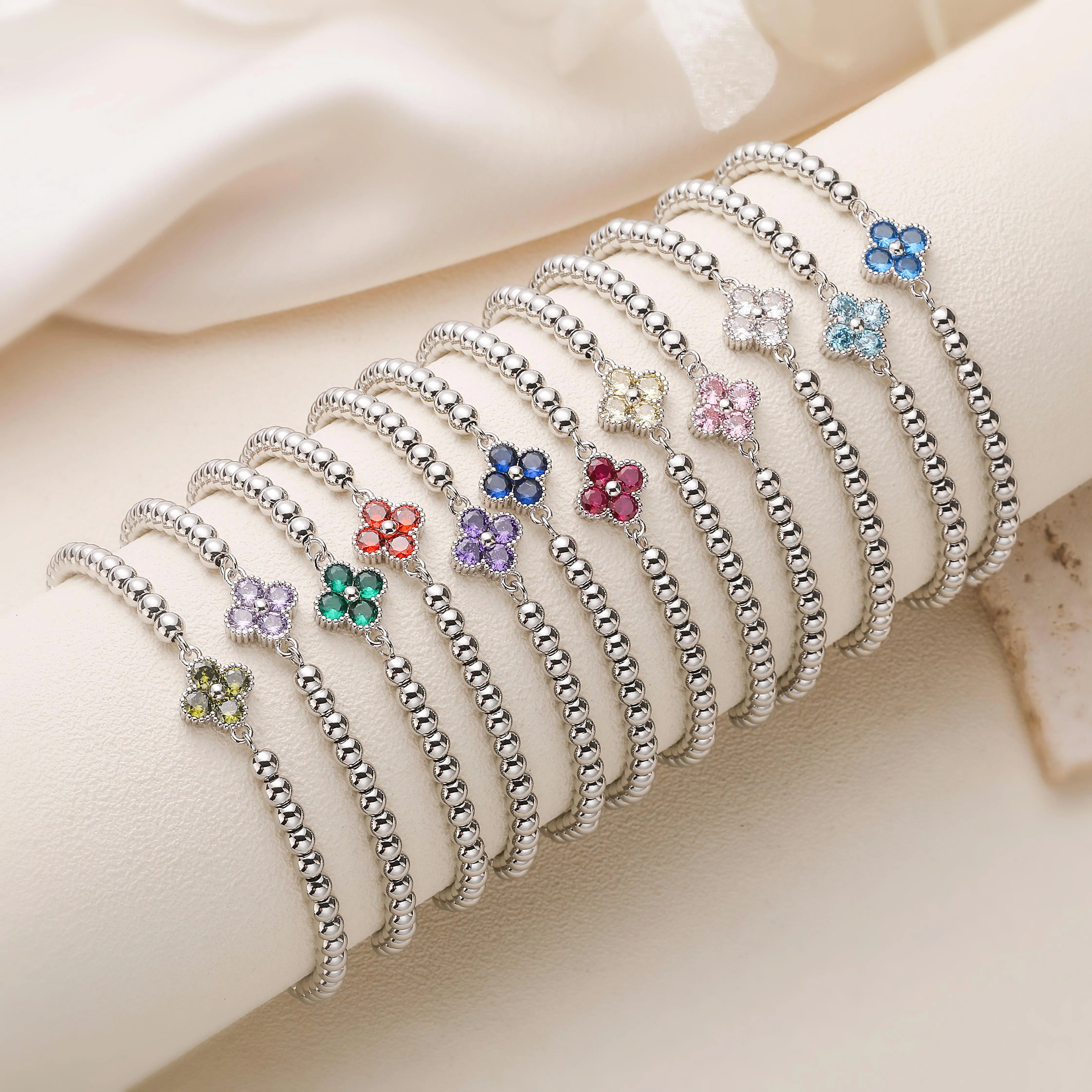 HECHENG,Birthday Symbolism Good Fortune Jewelry Birthstone Flower Bead Pull-Chain Bracelet Unisex Couple Copper Metal Accessory