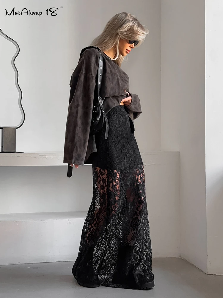 Mnealways18 Elegant Ankle-Length Perspective Lace Skirts Black High Waist Women Long Skirt Summer Office Ladies 2024 Lace Skirt