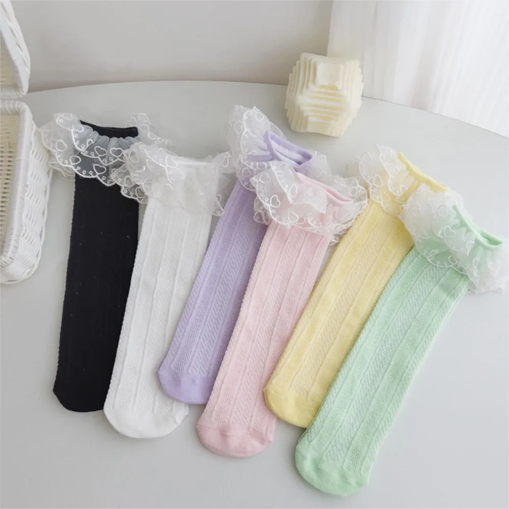 

Кружевные носки до середины икры для девочек-подростков, высокие носки с бантом, чулки с чехлом для ног