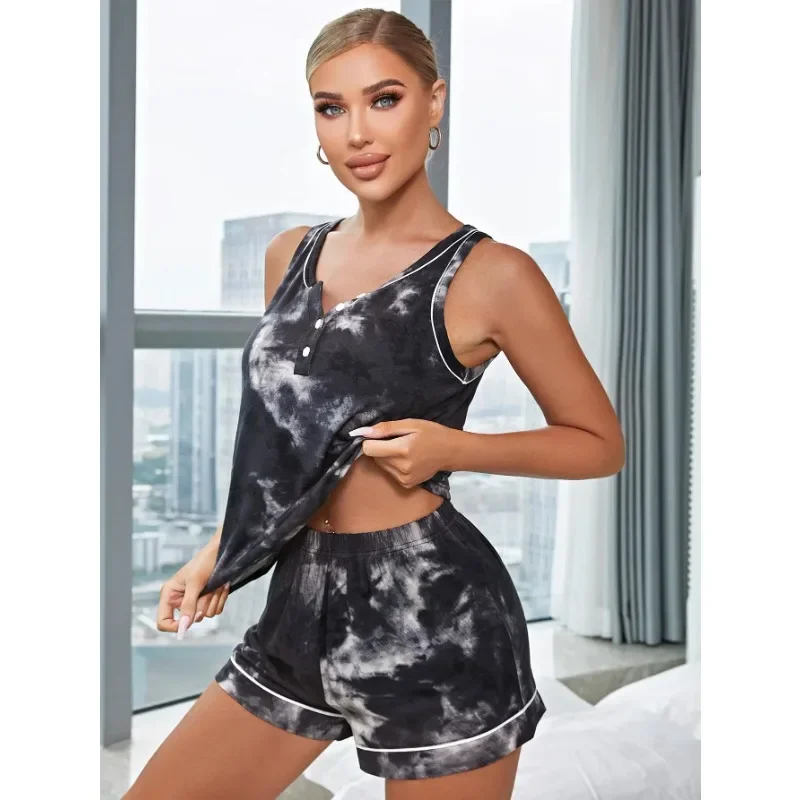 Tie Dye Womens Pajamas Set Sleeveless Button Down Top With Short Pants Loungewear 2 Piece Black Sleepwear Like Home Leisure Suit