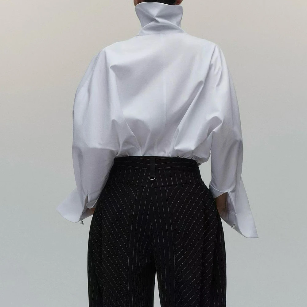 TWOTWINSTYLE Fashion Loose Irregular Shirts for Women Lapel Long Sleeves Patchwork Single Breasted Design Sense Shirt Female New
