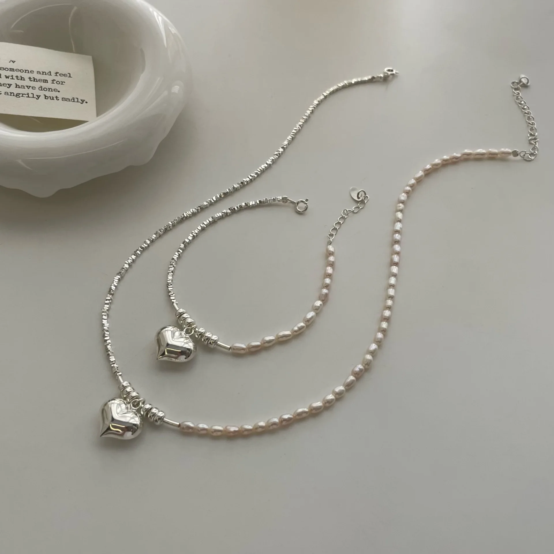 

Korean S925 Silver Broken Silver Necklace, Women's Natural Pearl Heart Pendant, Collarbone Chain, Trendy Bracelet