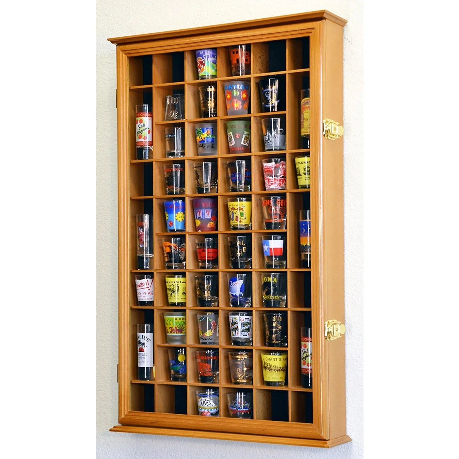 

54 Shot Glass Shotglass Shooter Display Case Holder Cabinet Wall Rack 98% UV with Locks –Oak