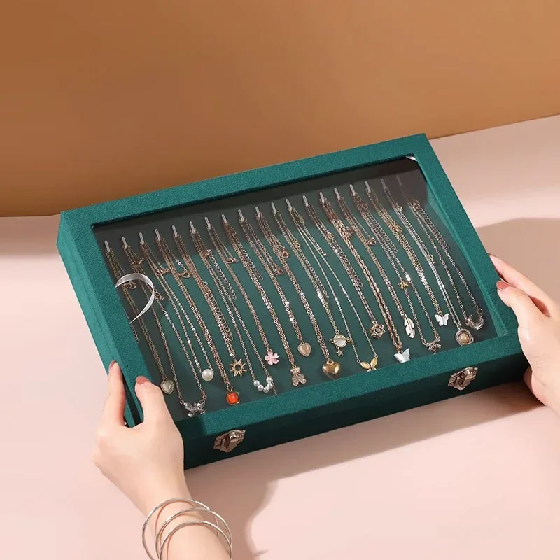 Lbarley Velvet 20 Hooks Jewelry Showcase for Necklaces Jewelry Box Stackable Glass Top Lockable