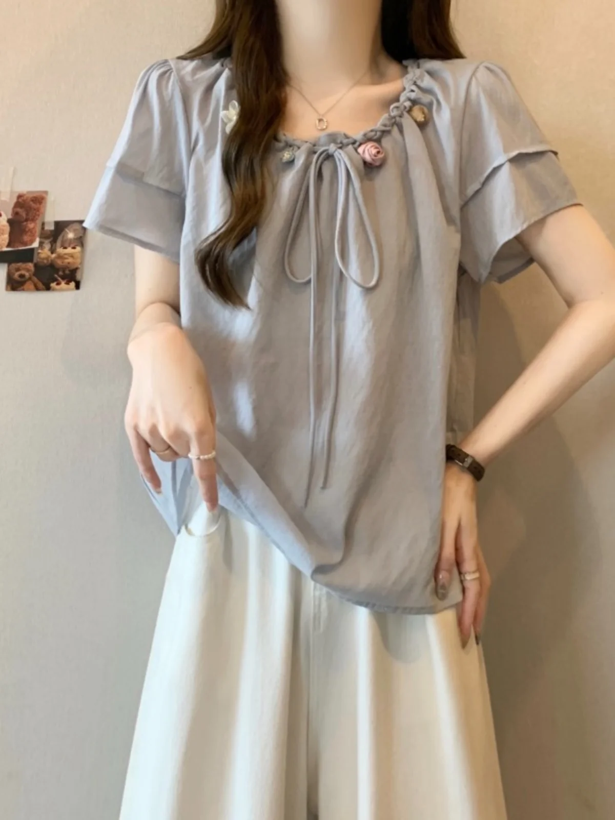 

Blue Floral Short Sleeve Chiffon Shirt Women's Summer Large Size Cute Doll Top Super Beautiful Korean Style Commute Fashion