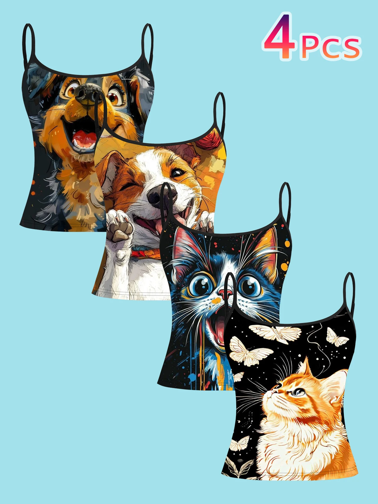 4-Piece Set of Women's Spaghetti Strap Camisoles with Street Graffiti Oil Painting Cute Pet Cat and Dog Prints, Slim Fit Sleeveless Tops, Cute and Healing Style, Suitable for Outerwear or as a Base Layer