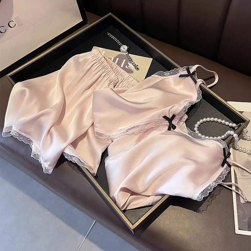 Set Piyama Wanita Mode V Leher Satin Babydoll Renda Lingerie Seksi Ikatan Simpul Baju Tidur Selempang Tidur dan Set Celana Pendek Pakaian Tidur