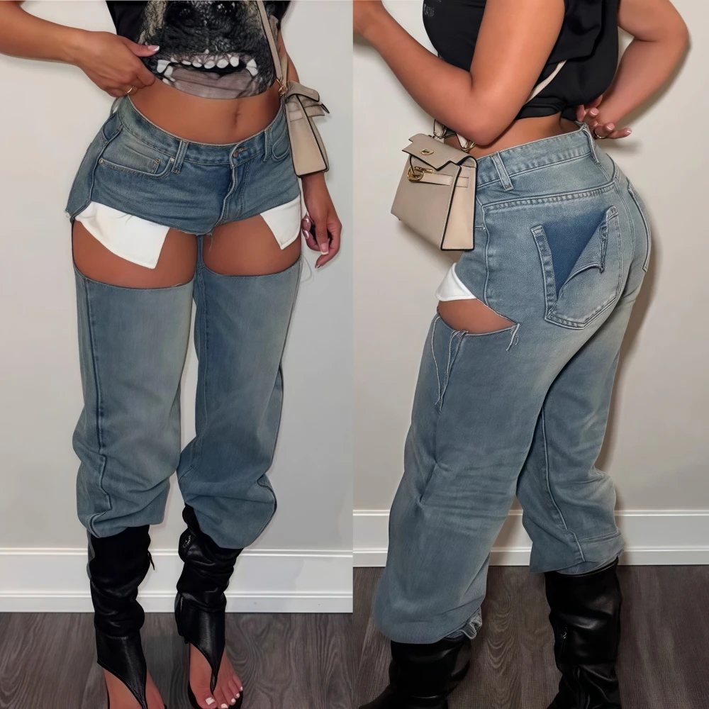 FAGADOER Y2k Sexy Hollow Out Denim Pants Women Solid Color Hole Patchwork High Waist Jeans Female Streetwear Bottoms 2025 New