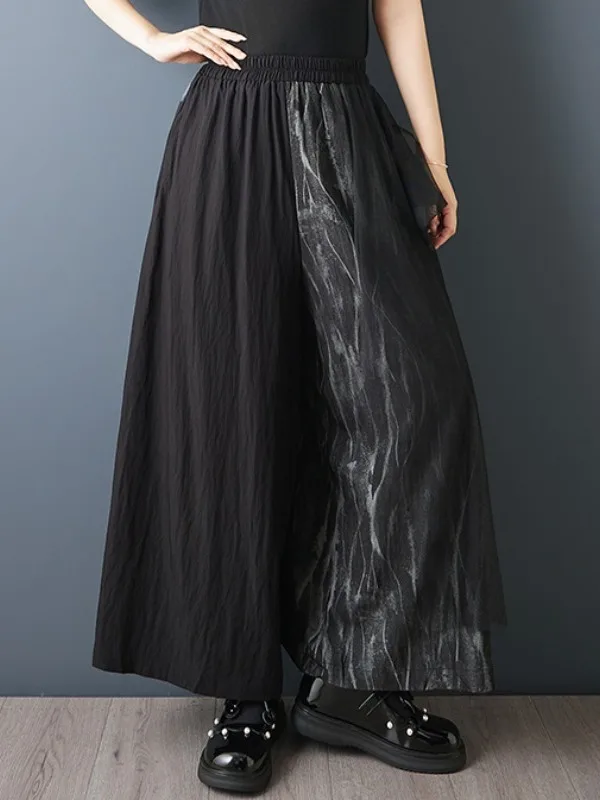 Summer New plus Size Women's Fashionable Casual Wide Leg Pants Skirt High Waist Mesh Splicing Print Loose Fit Polyester Blend