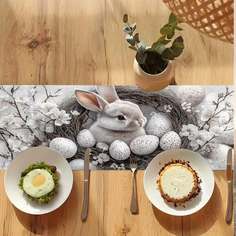 Elegant Rabbit Wreath Table Runner Easter Themed Desktop Decoration Cloth Table Flag for Indoor And Outdoor Holiday Table Decor