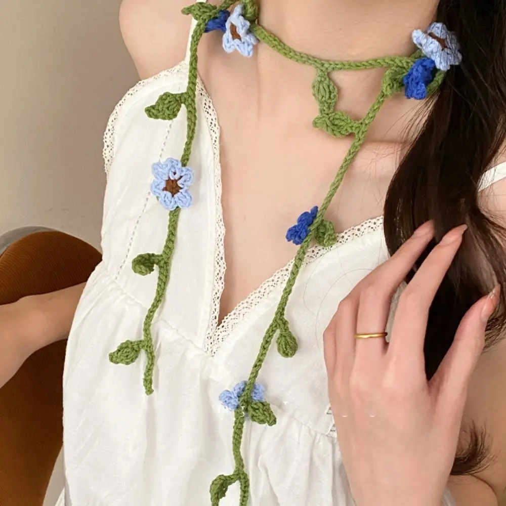 

Cool Wool Knitted Scarf Thin Handmade Crocheted Rose Flower Shawl Dressing Decoration Korean Style Knit Headband Ladies