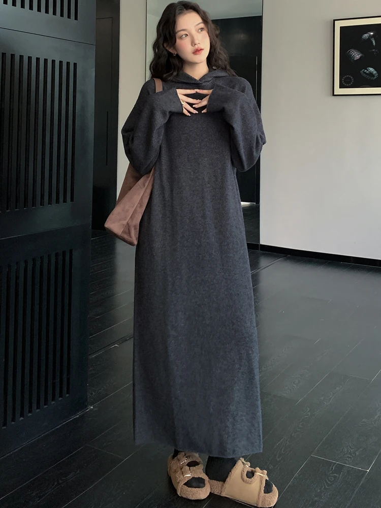 NYFS حجم كبير الحياكة فستان طويل فضفاض مريح عادية معطف بقلنسوة رداء للنساء الخريف الشتاء الكورية نمط 2025 Elbise #2