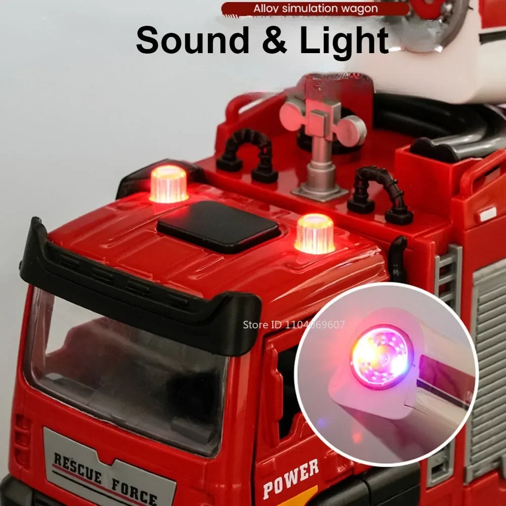 1:32 motor de bombeiros liga diecast modelo carro brinquedos 2 portas abertas som luz puxar para trás spray modelos de veículos de engenharia para o presente do miúdo