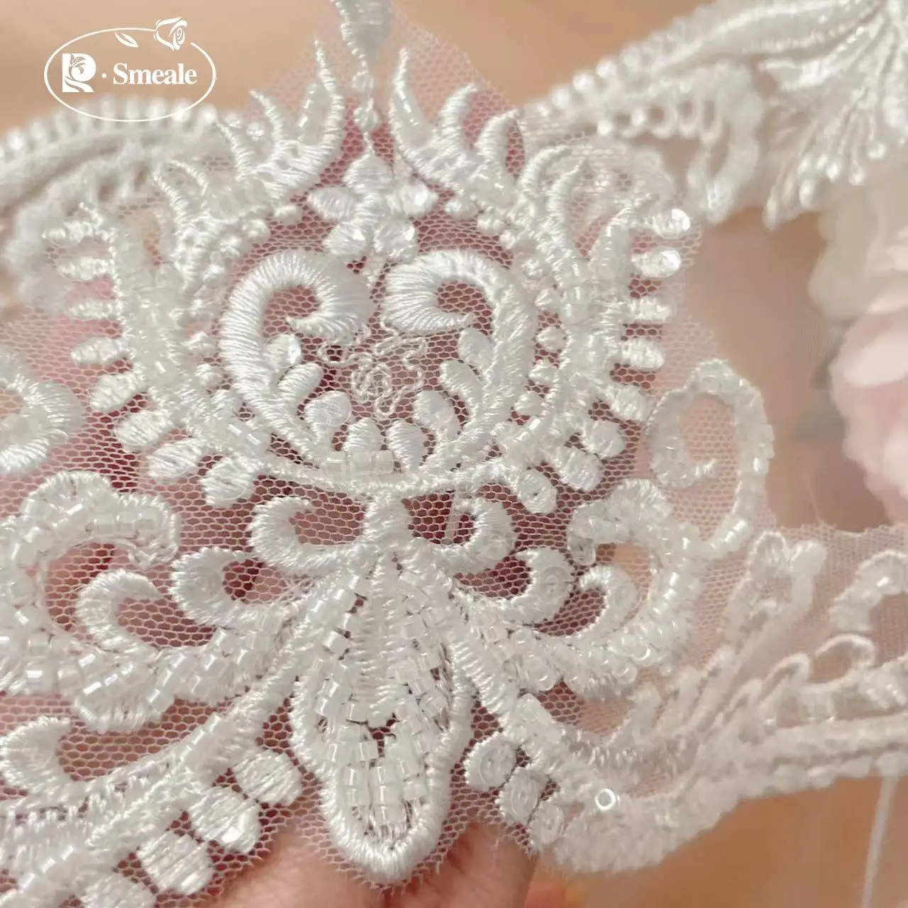 Beaded Border Lace with Rayon Material, DIY Wedding Veil Lace Fabric, Ivory White, Width 12.5cm, RS2704, 2Yards Per Lot