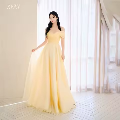 XPAY Elegant A Line Yellow Korean Evening Dress Off the Shoulder Prom Gown Customized Playing Dress for Performance 웨딩드레스